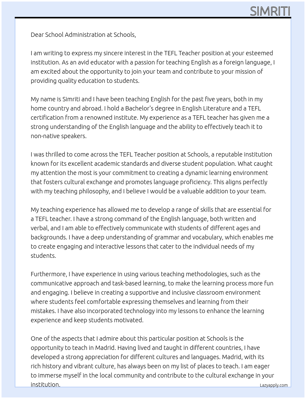 TEFL Teacher At Schools Cover Letter