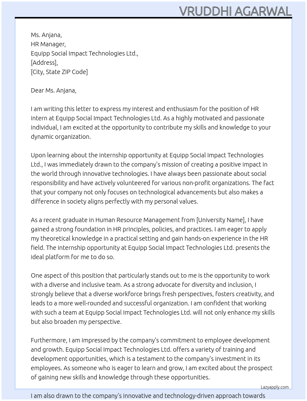 HR intern At Equipp Social Impact Technologies Ltd. Cover Letter