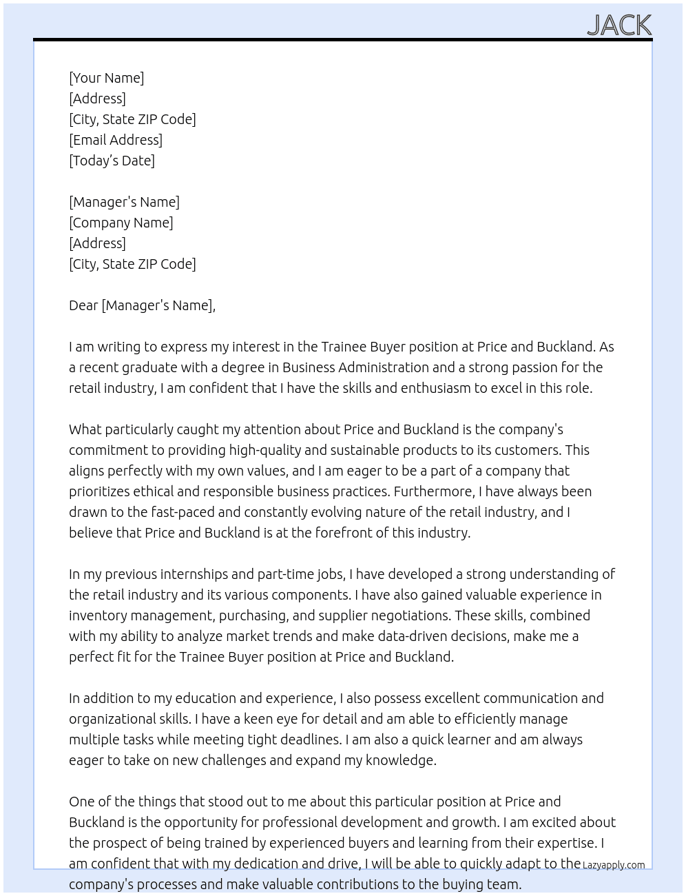 Trainee Buyer At Price and Buckland Cover Letter
