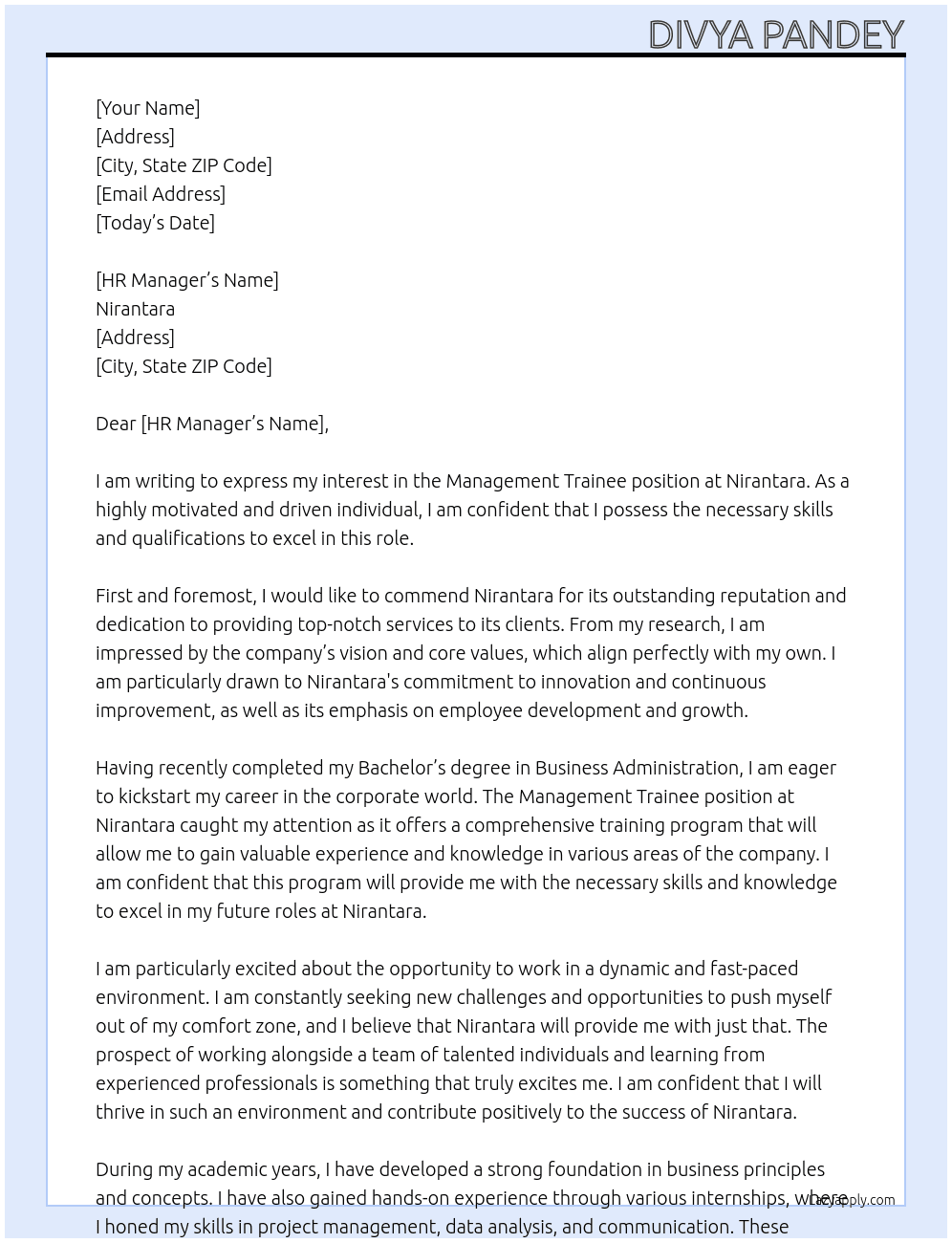 Management Trainee At Nirantara Cover Letter