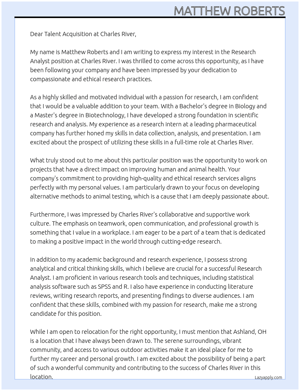 Research Analyst At Charles River Cover Letter