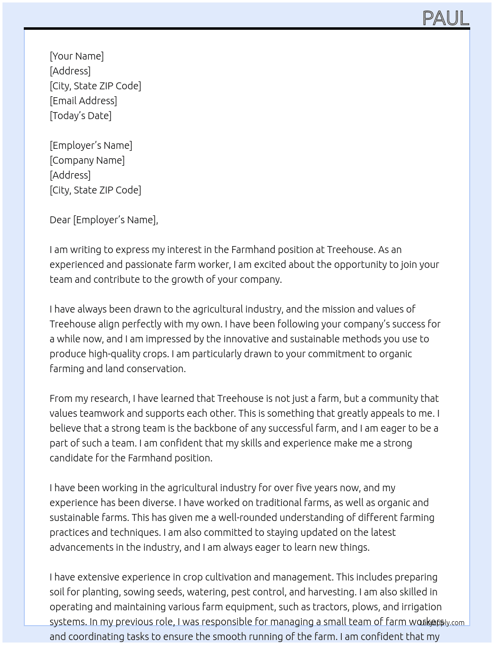 Farmhand At Treehouse Cover Letter