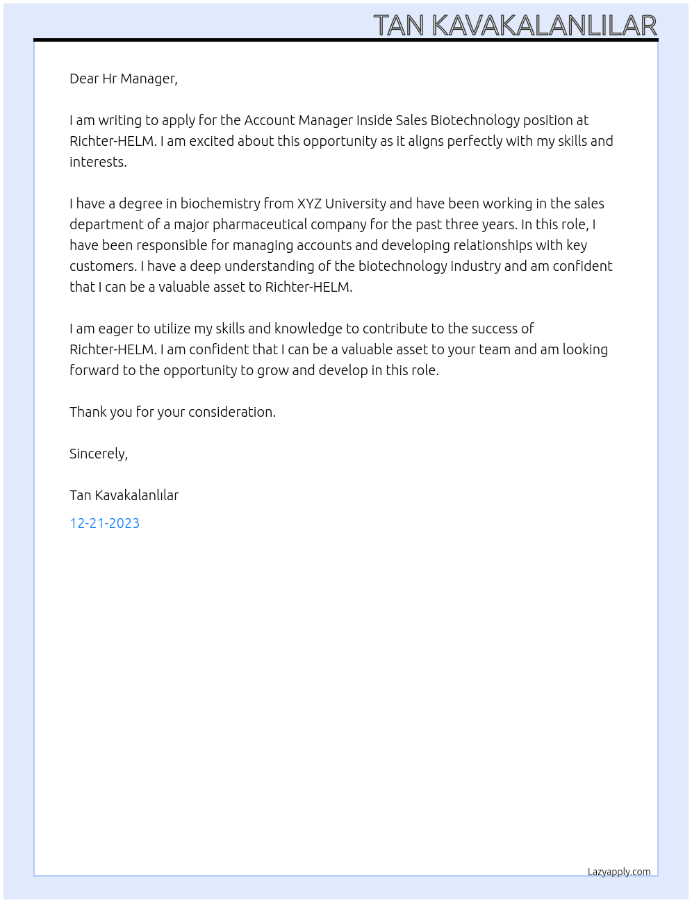 Account Manager Inside Sales Biotechnology  At Richter-HELM Cover Letter