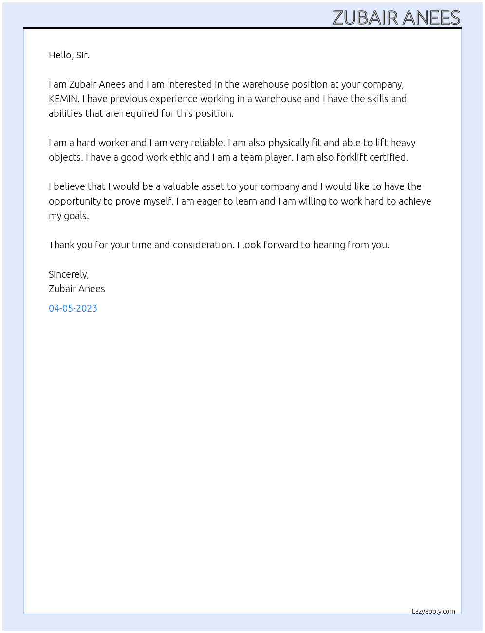 warehouse  At KEMIN Cover Letter