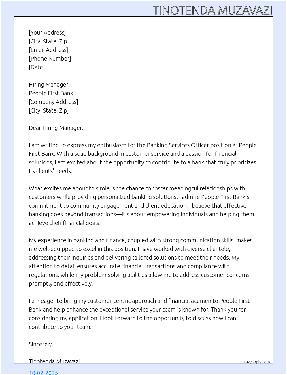 Banking Services Officer At People First Bank Cover Letter