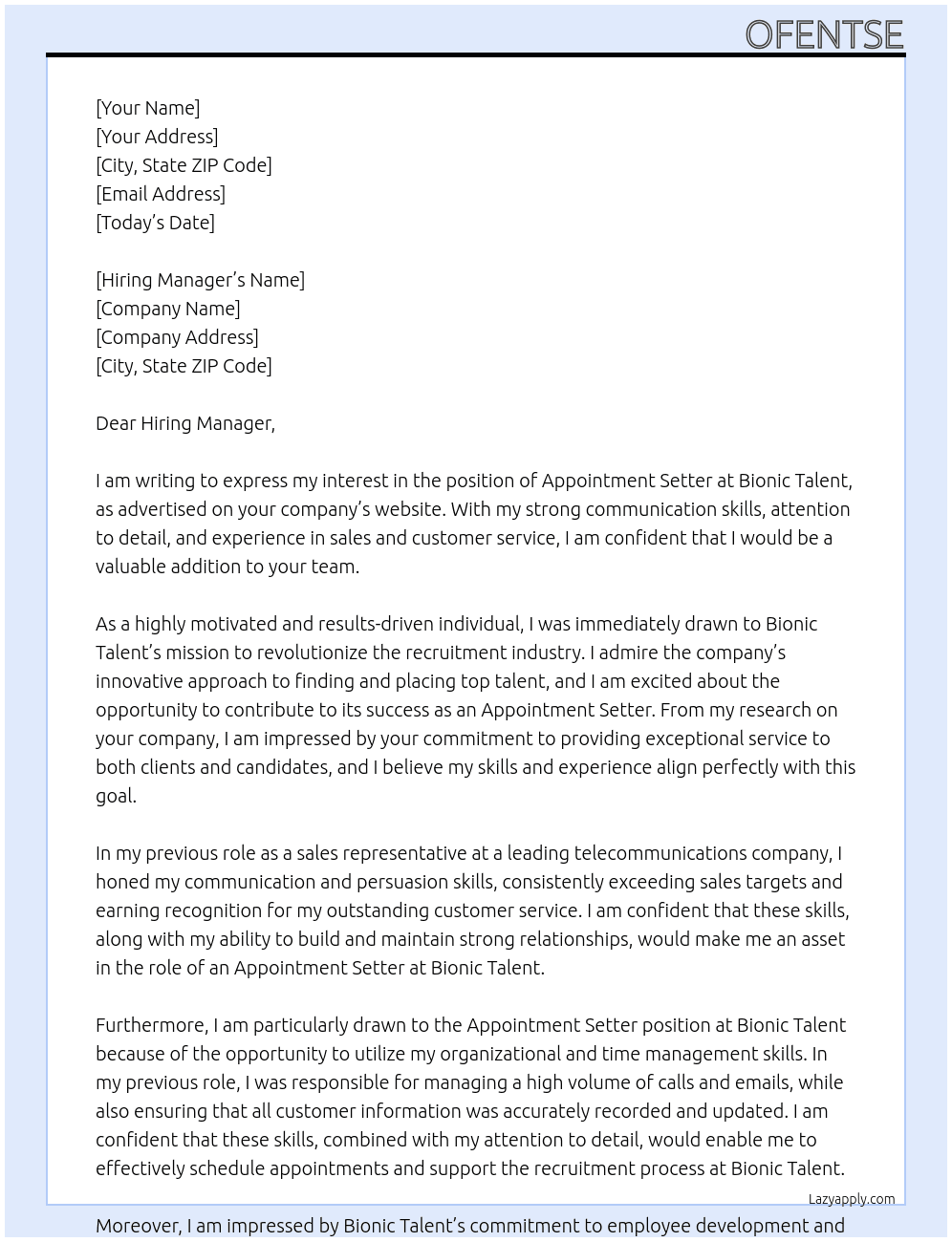 Appointment setter At Bionic Talent  Cover Letter