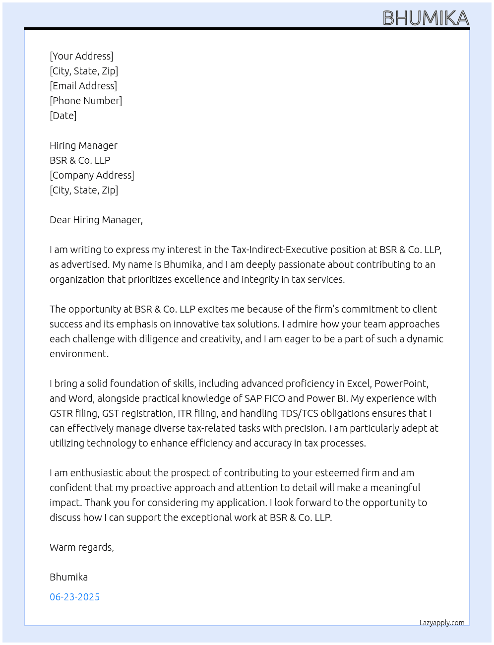 Tax-Indirect-Executive At BSR & Co. LLP Cover Letter
