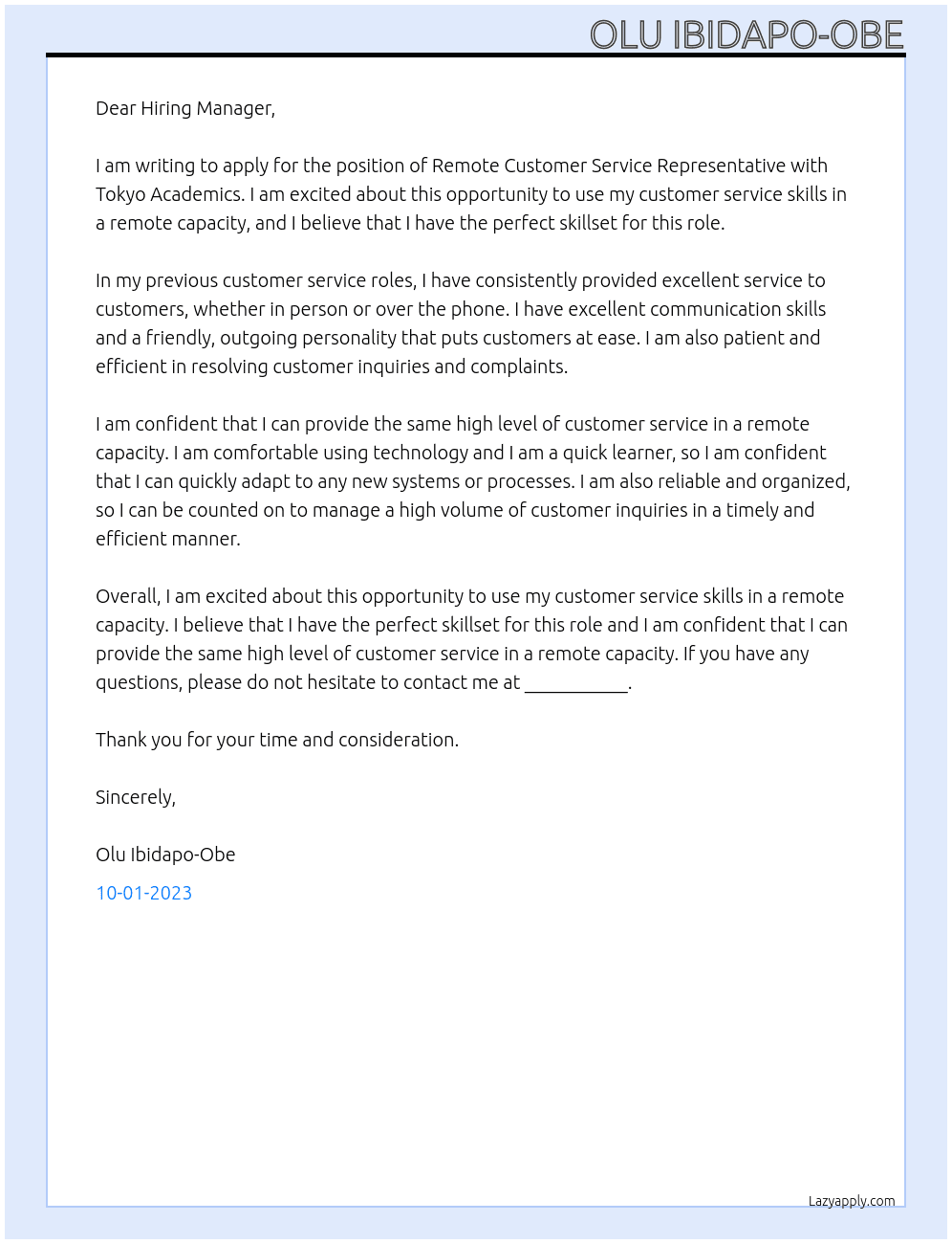 Remote Customer Service Representative At Tokyo Academics Cover Letter
