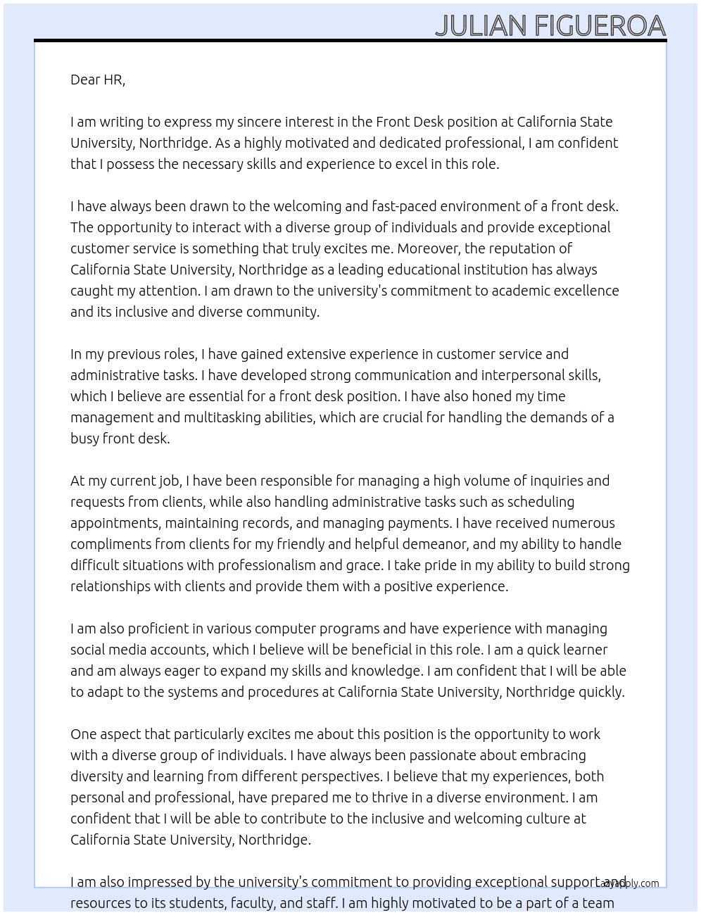 Front Desk At California State University, Northridge Cover Letter