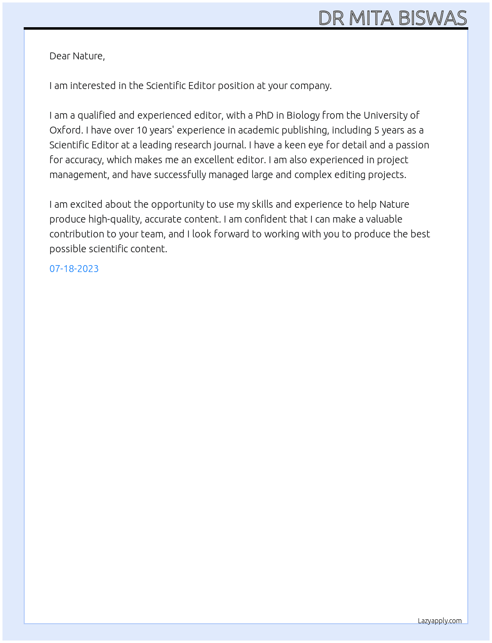 Scientific Editor At Nature Cover Letter