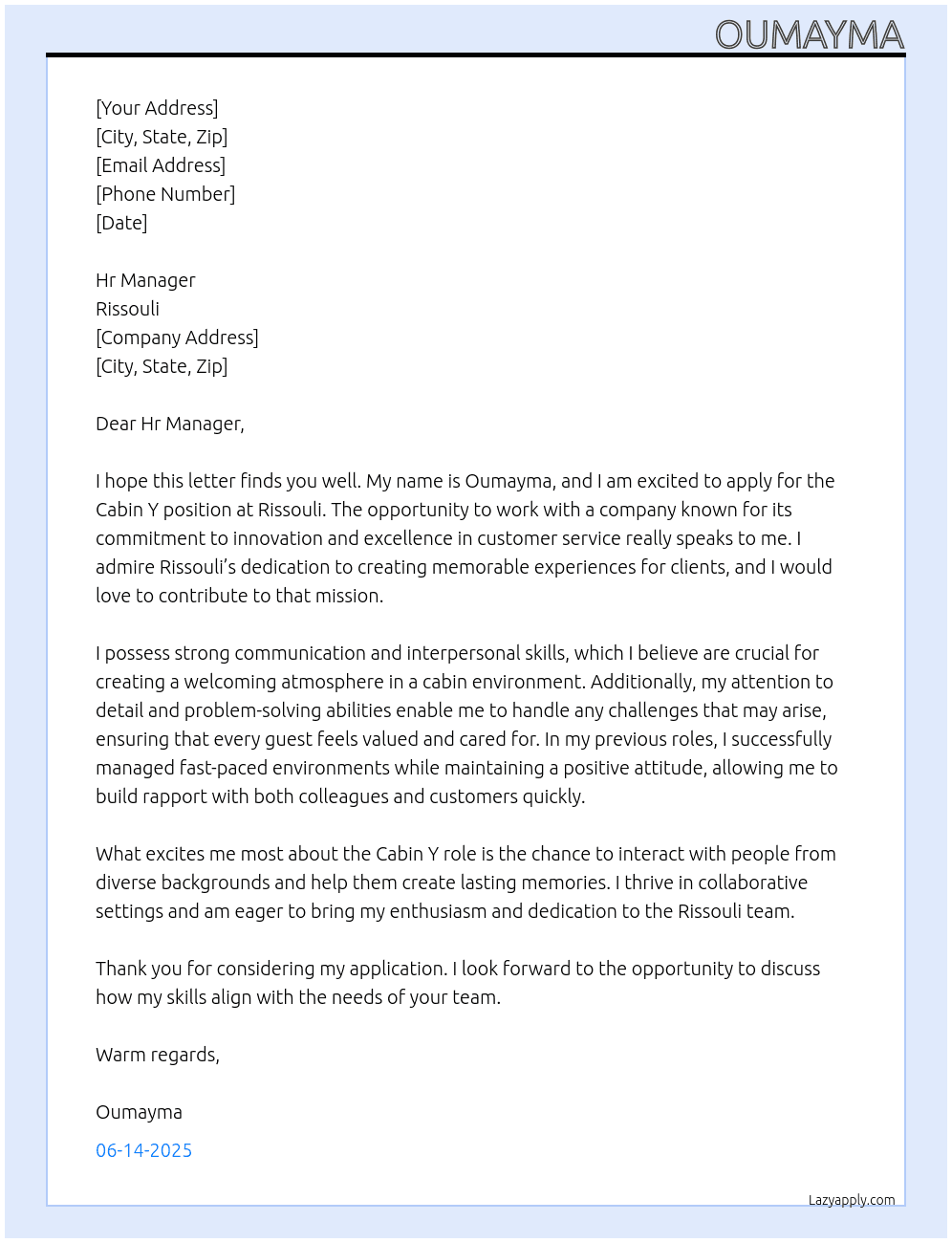 Cabin y At Rissouli Cover Letter