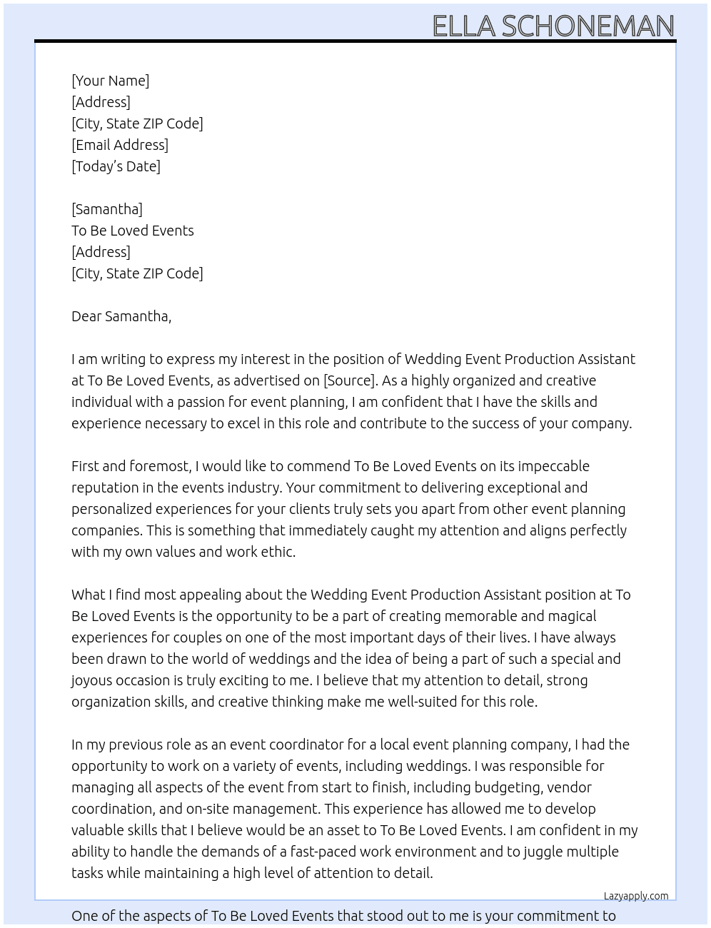 wedding event production assistant  At To Be Loved Events Cover Letter
