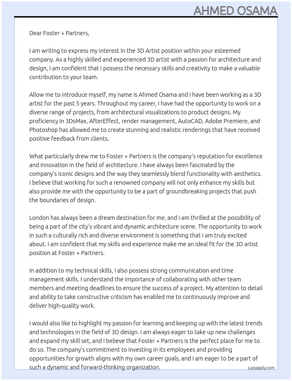 3D Artist At Foster + Partners Cover Letter