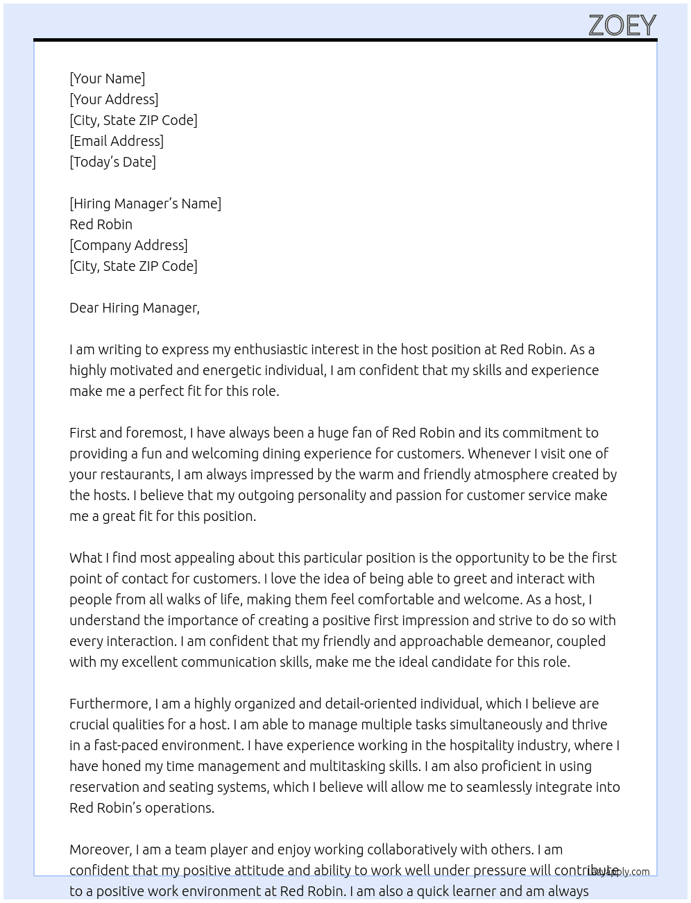 host At Red Robbin Cover Letter