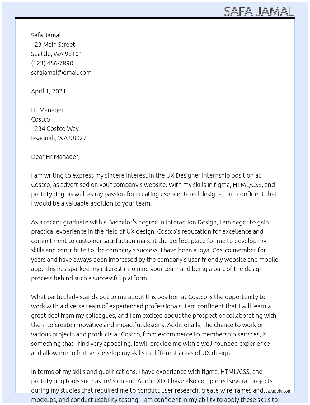 UX Designer At Costco Cover Letter