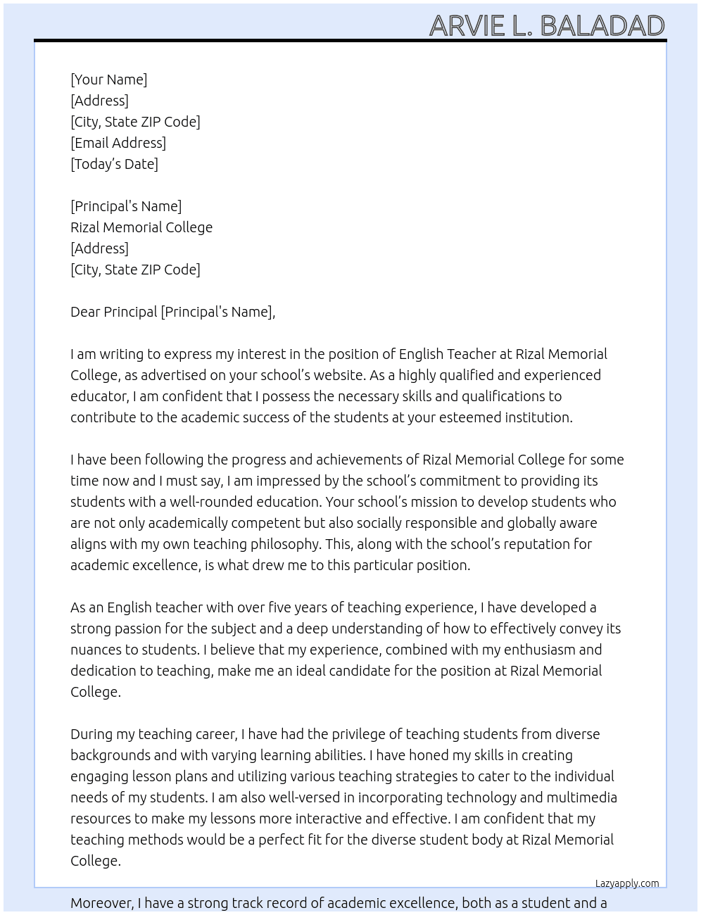 English Teacher At Rizal Memorial College Cover Letter