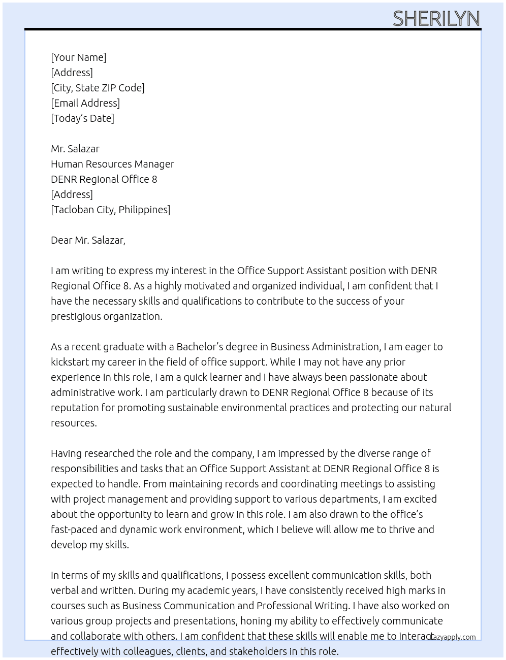Office Support Assistant with no experience  At DENR REGIONAL OFFICE 8  Cover Letter