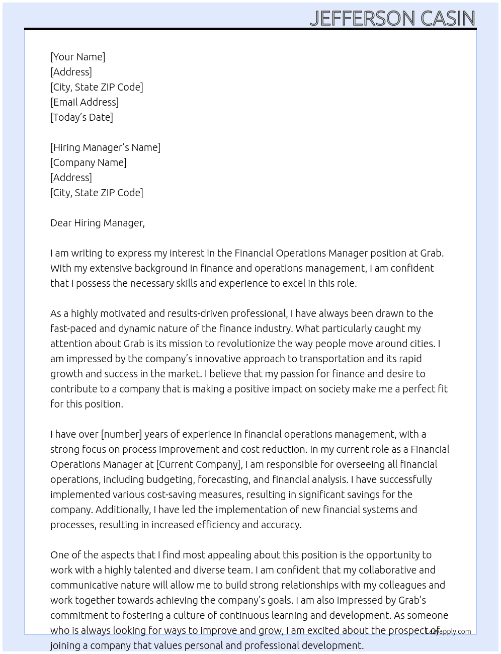 Financial Operations Manager At Grab Cover Letter