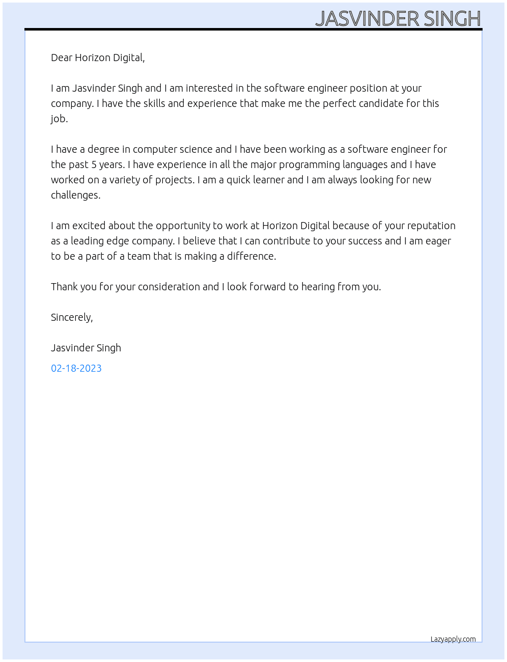 software engineer At Horizon Digital Cover Letter