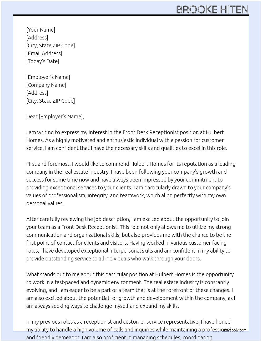 Front desk receptionist At Hulbert Homes Cover Letter