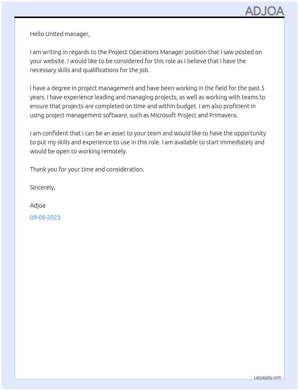 Project Operations Manager  At United  Cover Letter