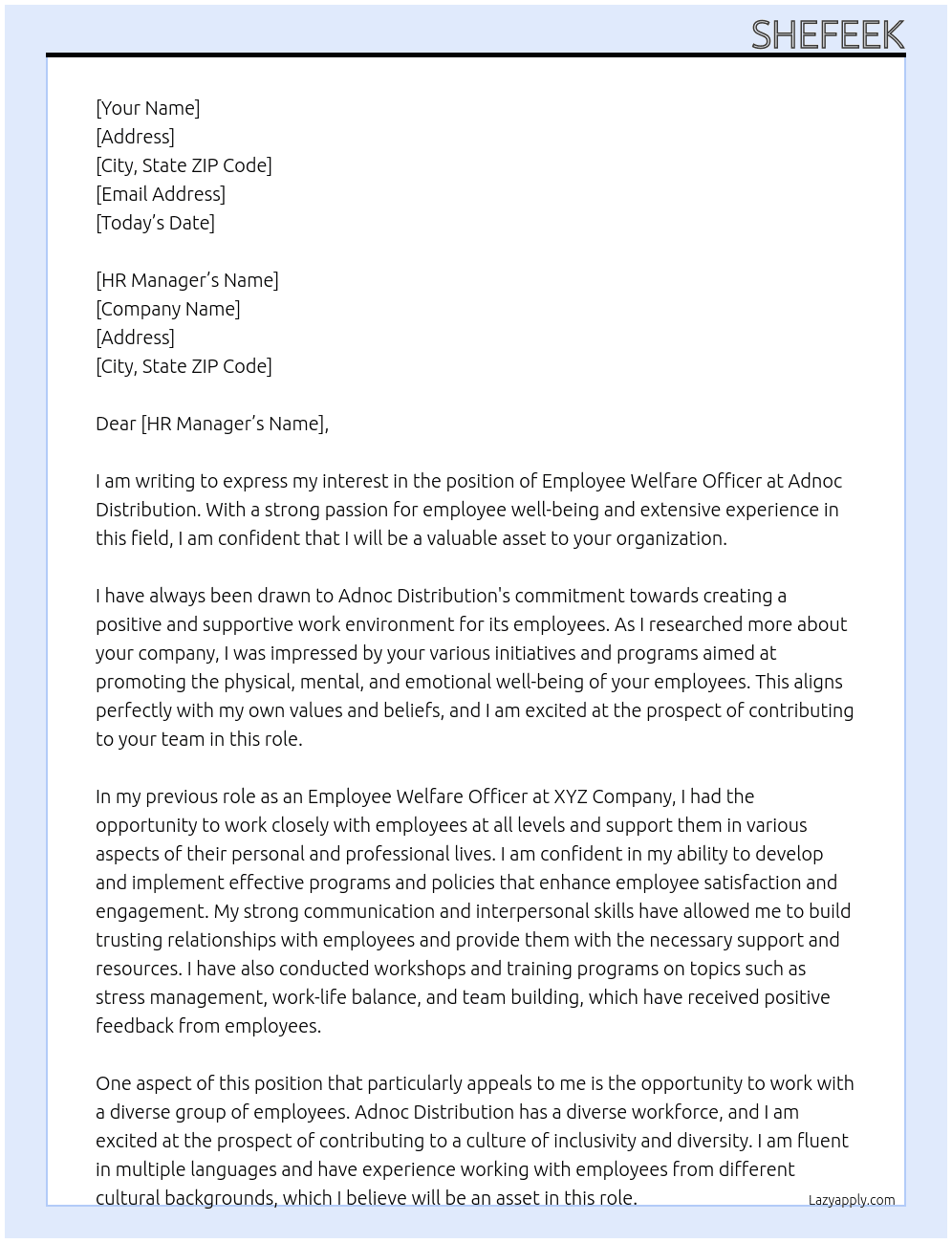 Employee welfare officer At Adnoc distribution Cover Letter