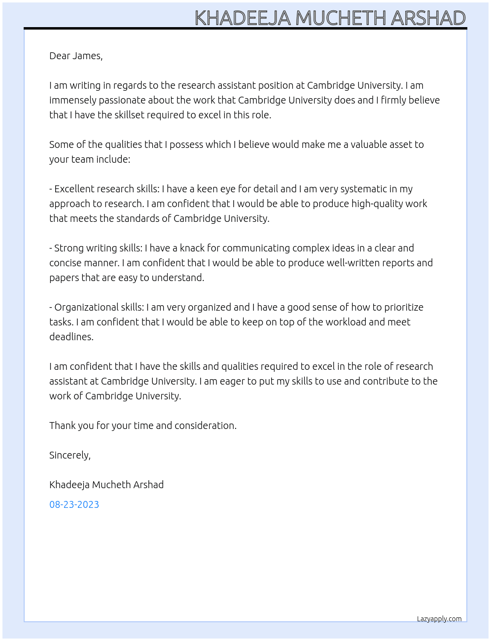 Research Assistant At Camebridge University Cover Letter