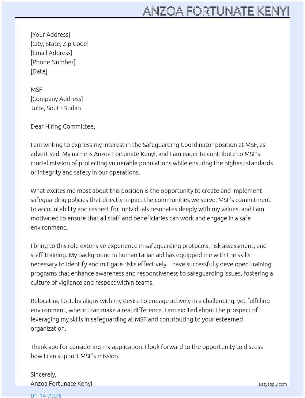  Safeguarding Coordinator At MSF Cover Letter