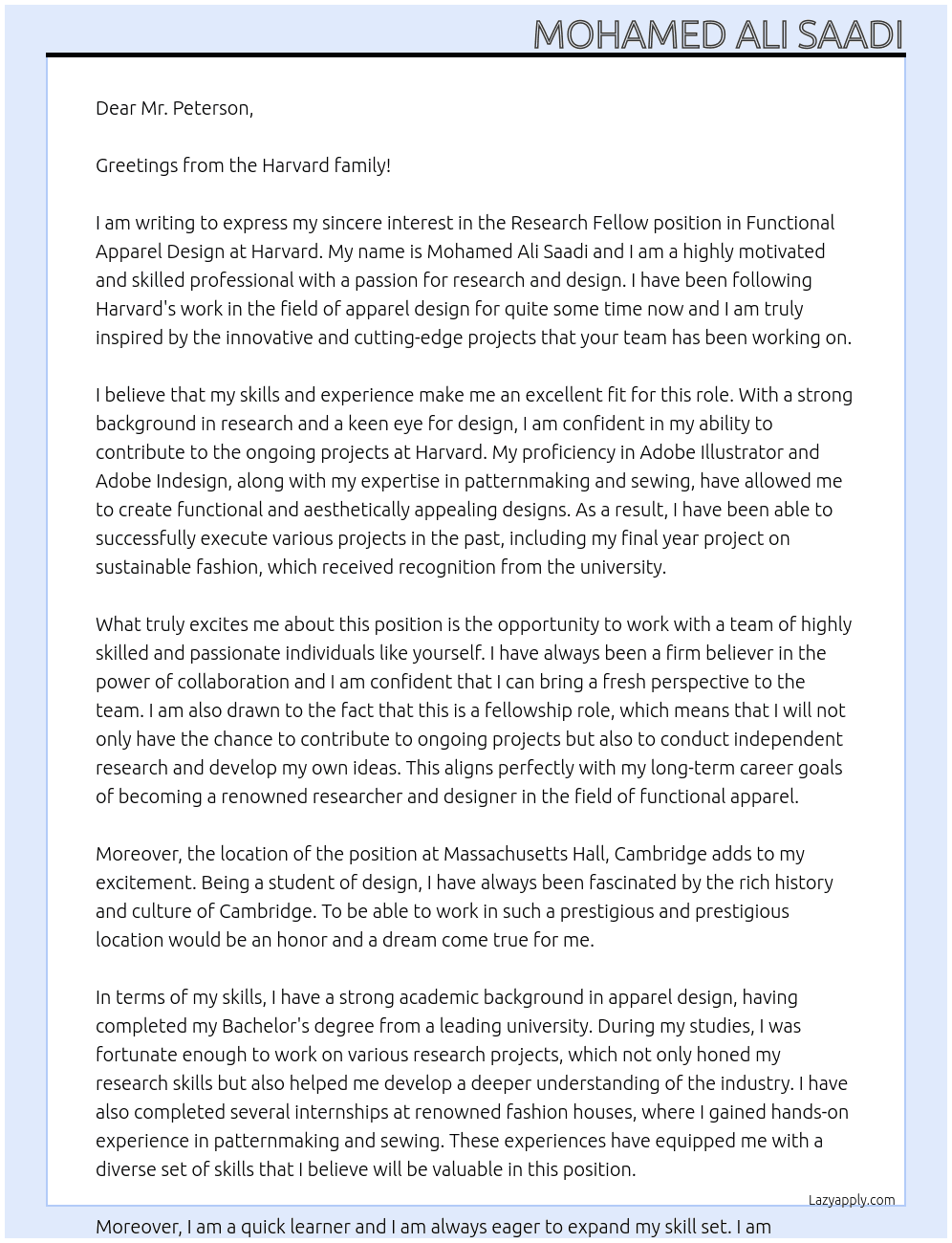 Research Fellow in Functional Apparel Design At Harvard Cover Letter