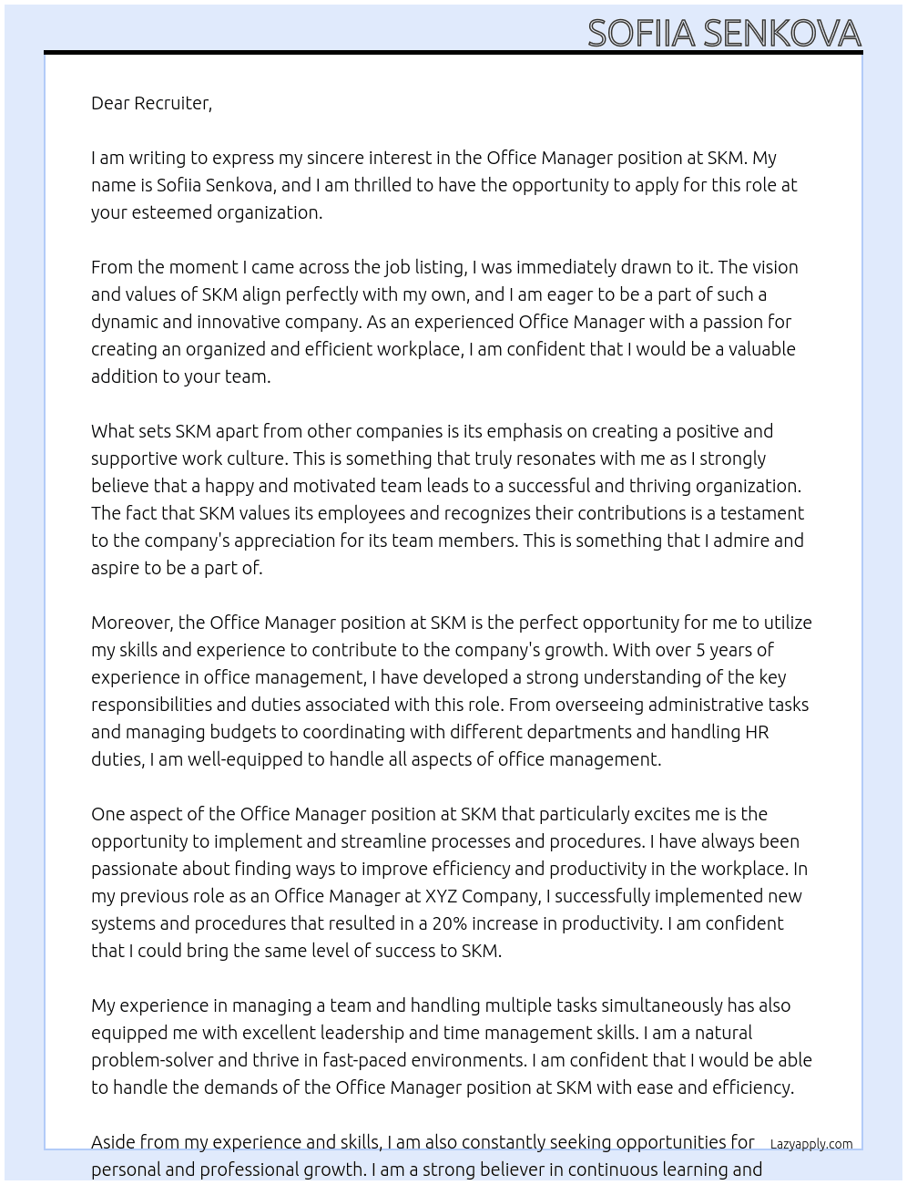Office Manager At SKM Cover Letter
