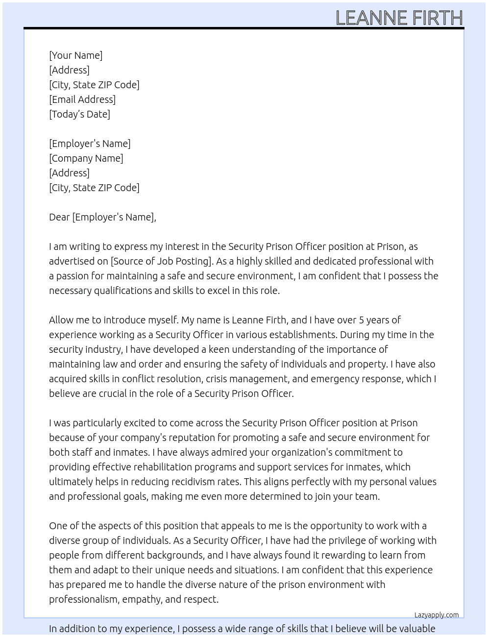 Security prison officer At Prison Cover Letter