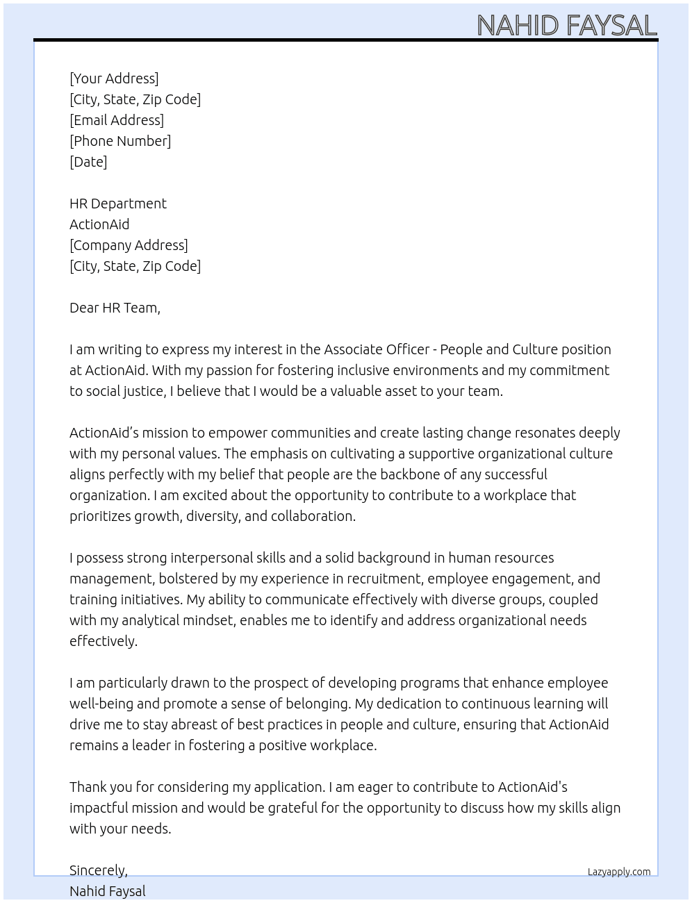 Cover letter for associate officer-people and culture - LazyApply