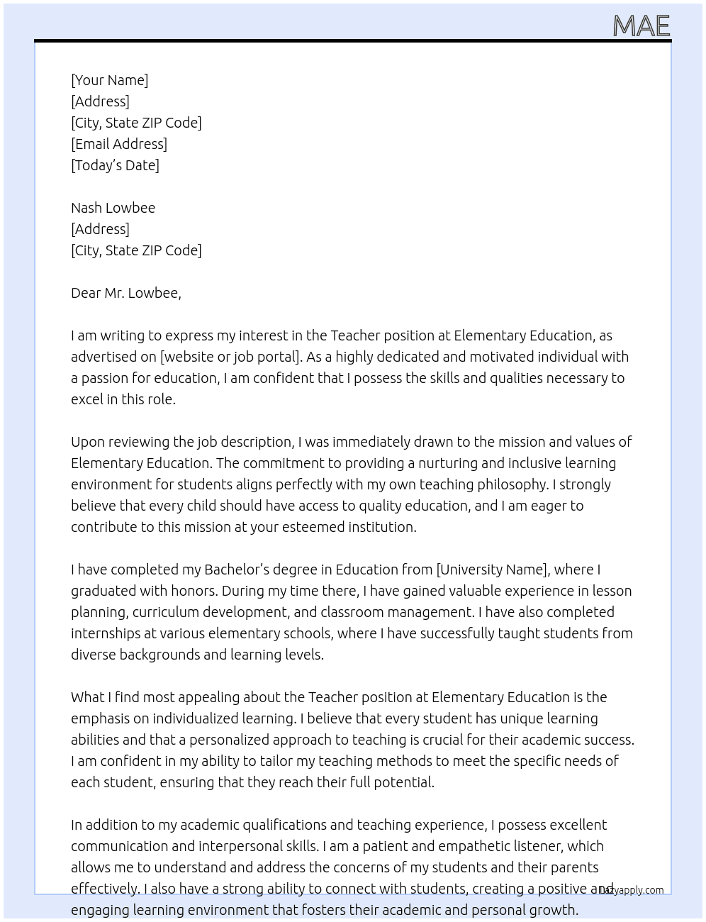 Teacher applicant At Elementary education Cover Letter
