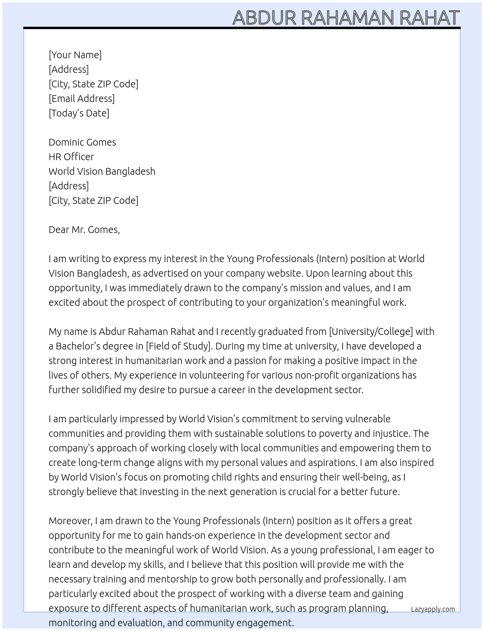 Young Professionals (Intern)  At World Vision Bangladesh Cover Letter