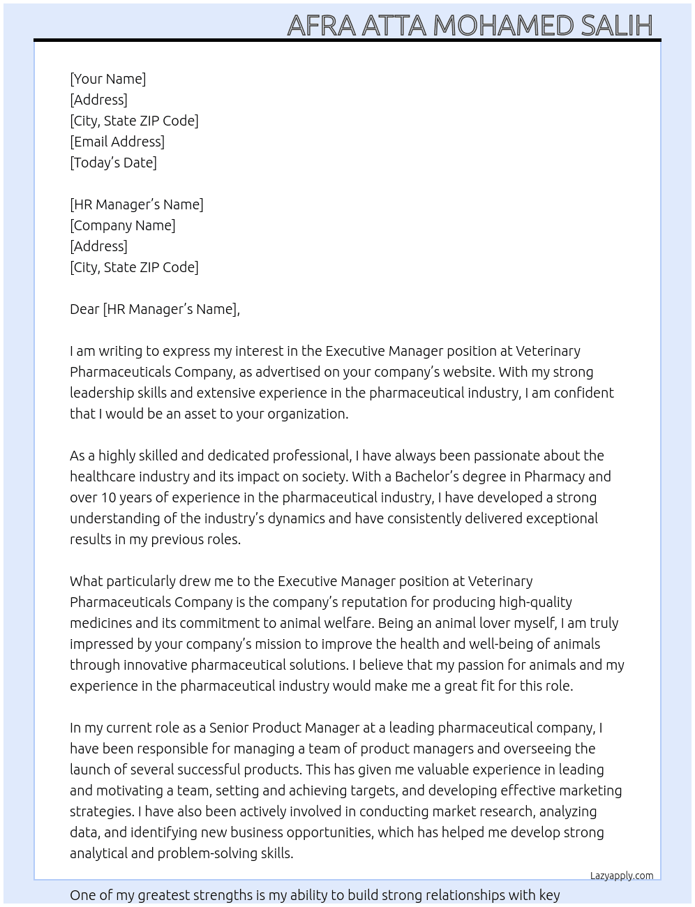 Executive Manager  At Veterinary Pharmaceuticals company  Cover Letter