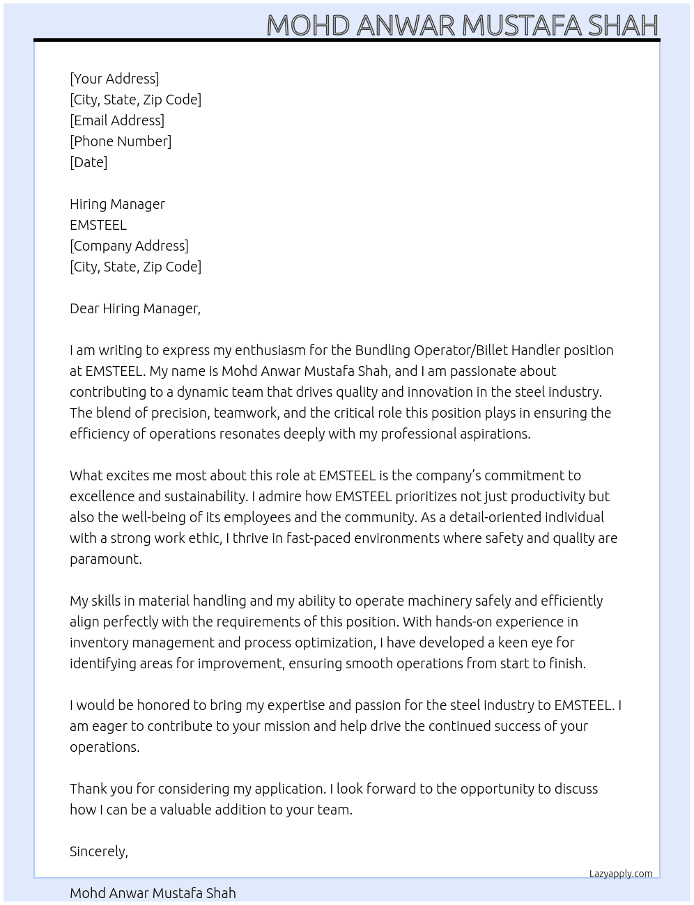 Bundling Operater Or Billet Handler At EMSTEEL Cover Letter