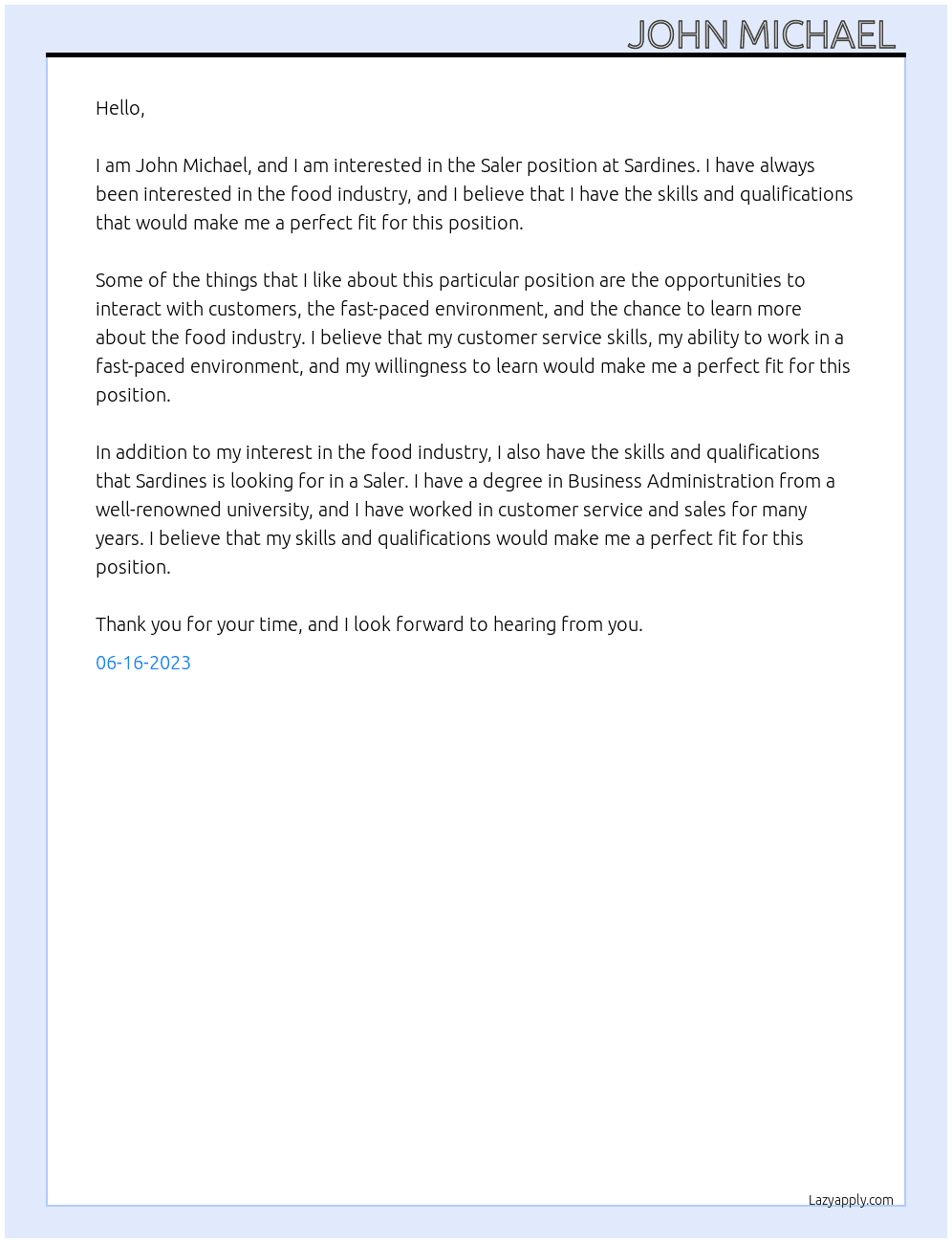 Saler At Sardines  Cover Letter