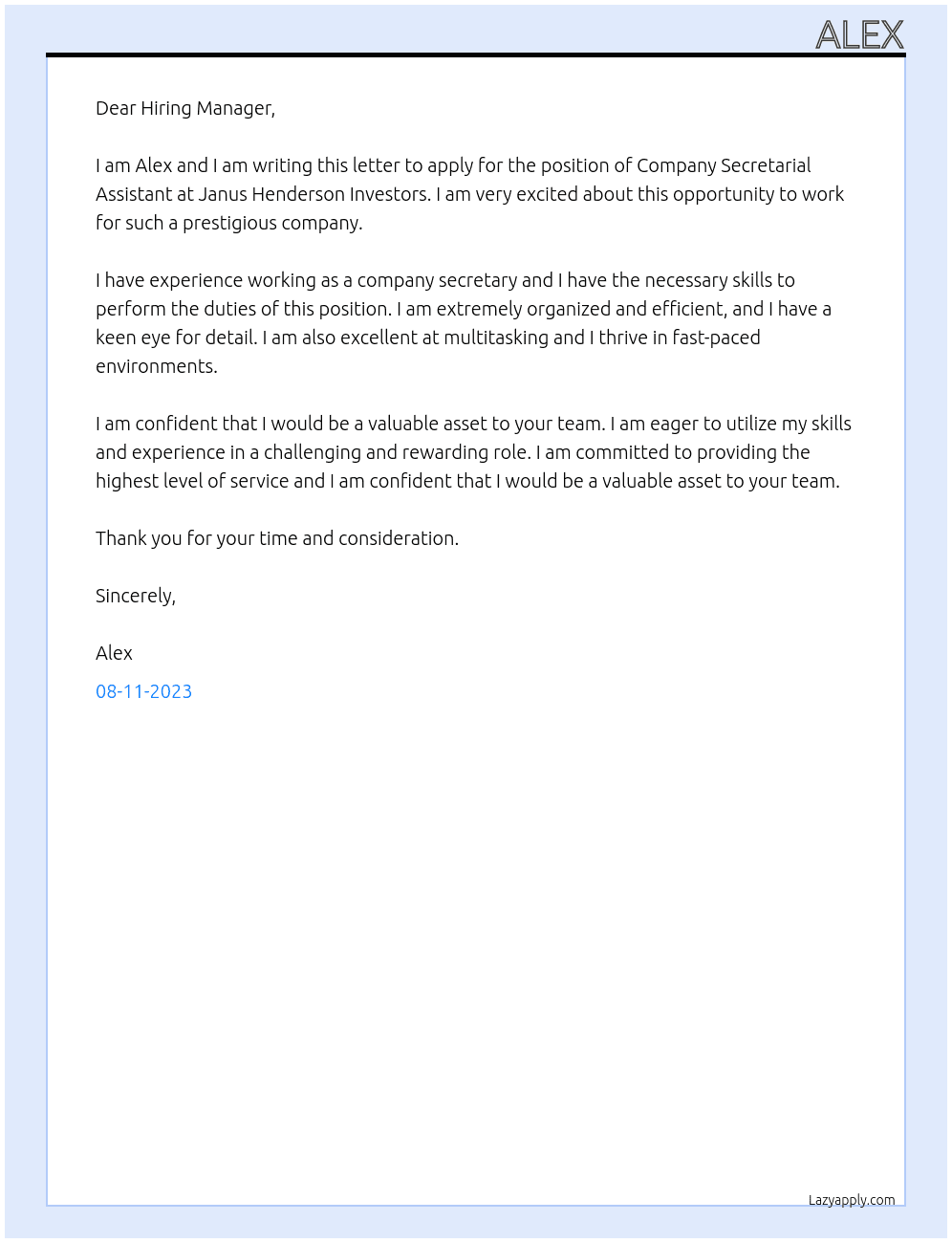 Company Secretarial Assistant At Janus Henderson Investors Cover Letter