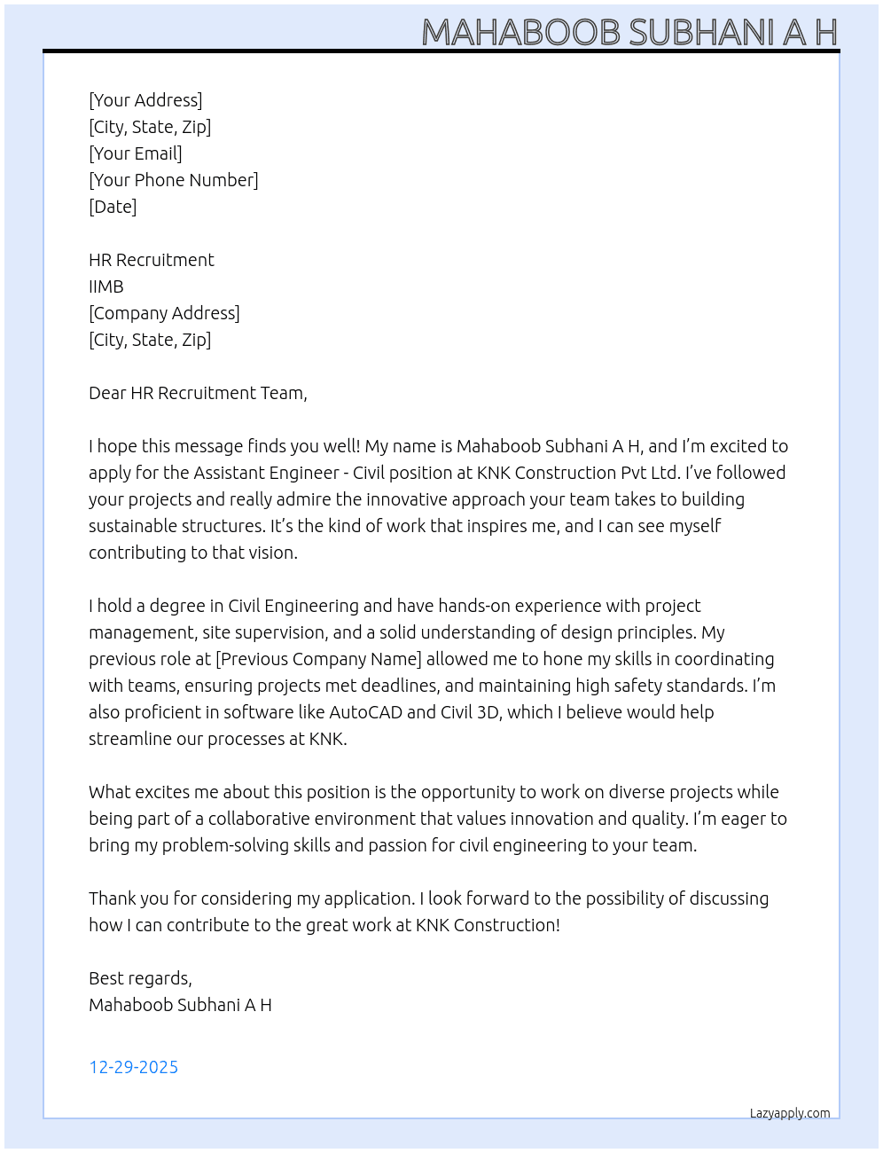 Cover letter for assistant engineer civil - LazyApply