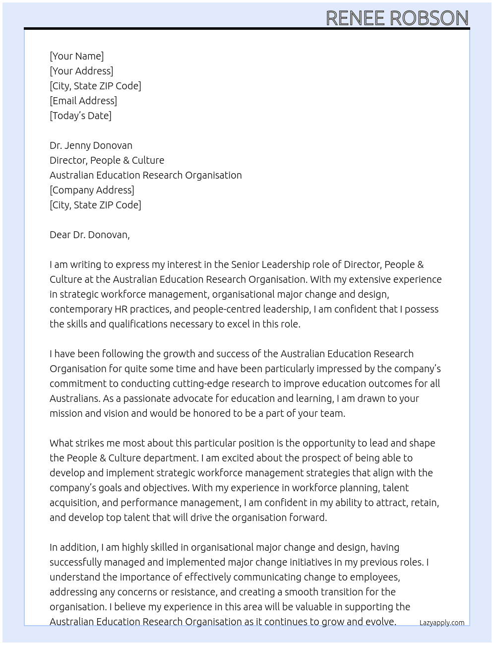 Director, People & Culture At Australian Education Research Organisation Cover Letter