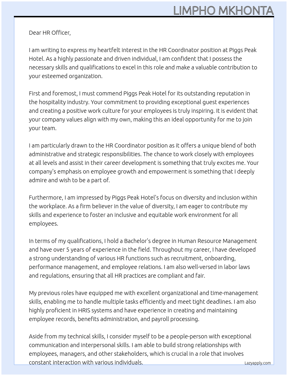 HR Coordinator At Piggs Peak Hotel Cover Letter