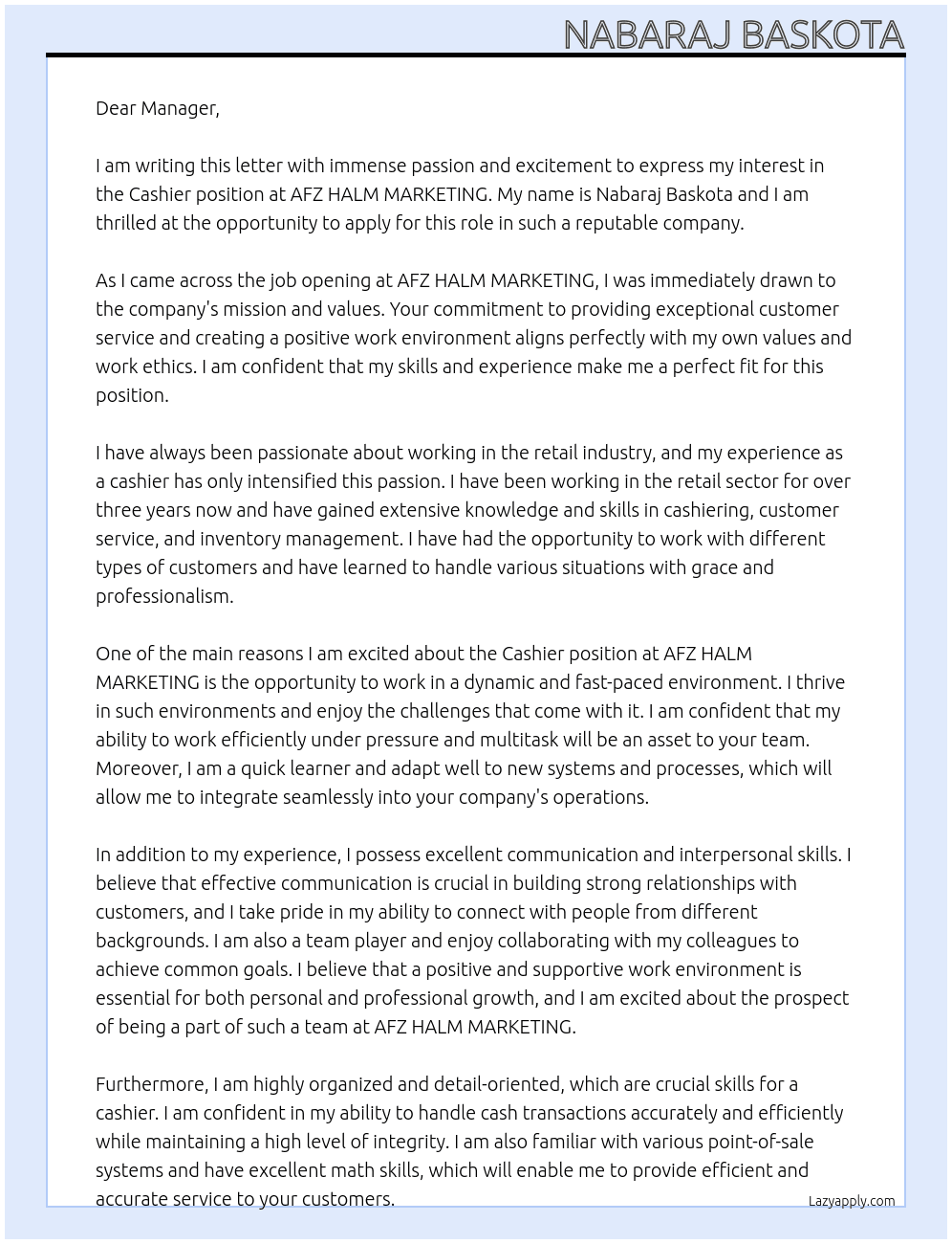 Cashier At AFZ HALM MARKETING Cover Letter