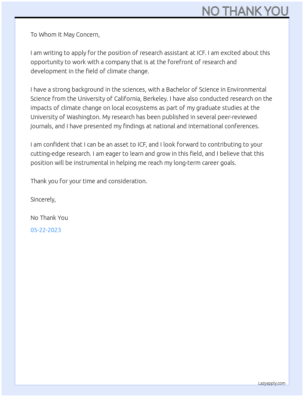Research assistant At ICF Cover Letter