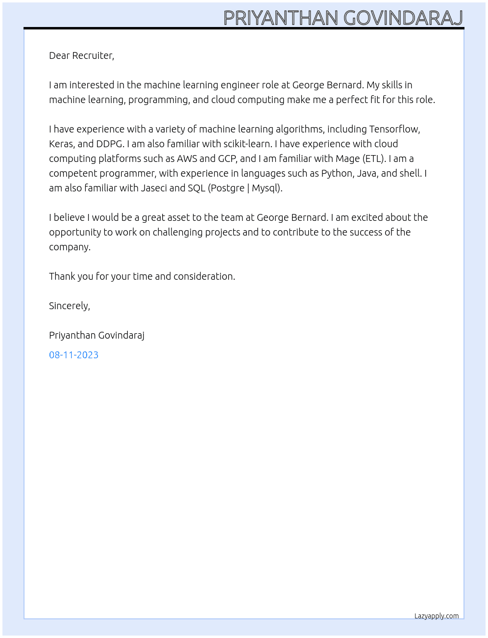 Machine learning engineer At George Bernard Cover Letter