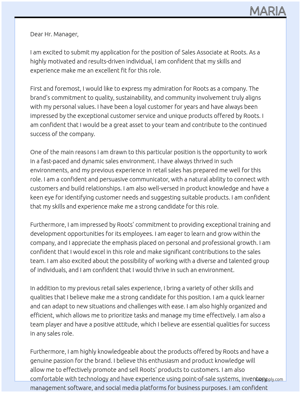 Sales Associate At Roots Cover Letter