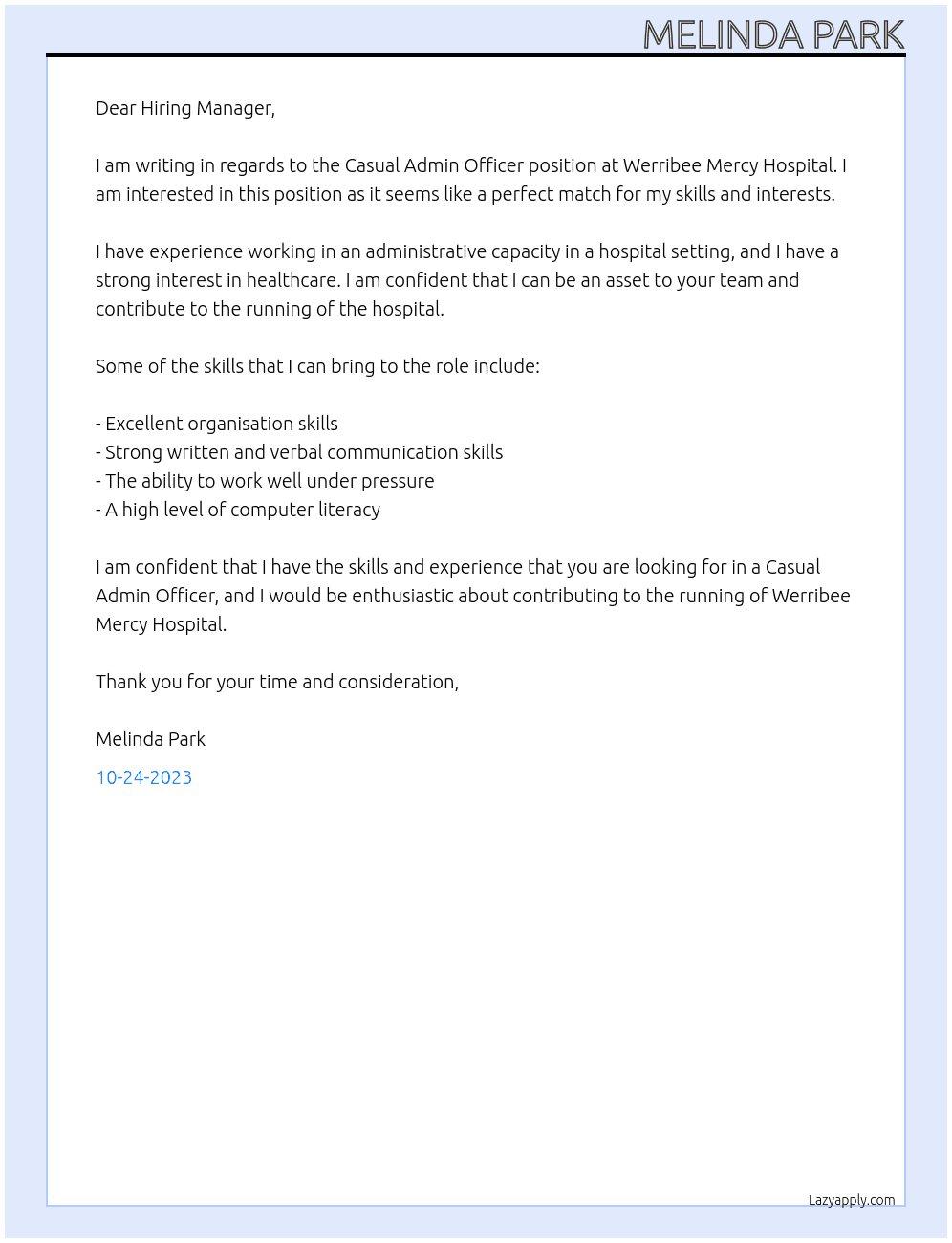 Casual Admin Officer At Werribee Mercy Hospital Cover Letter