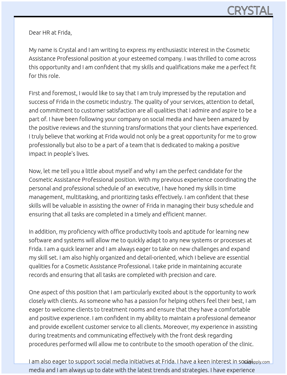 Cosmetic assistance professional  At Frida Cover Letter
