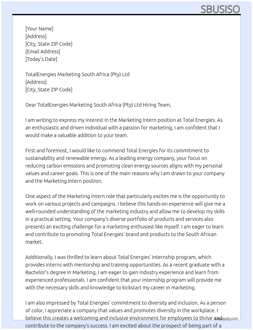 Marketing intern At  Total Energies Cover Letter