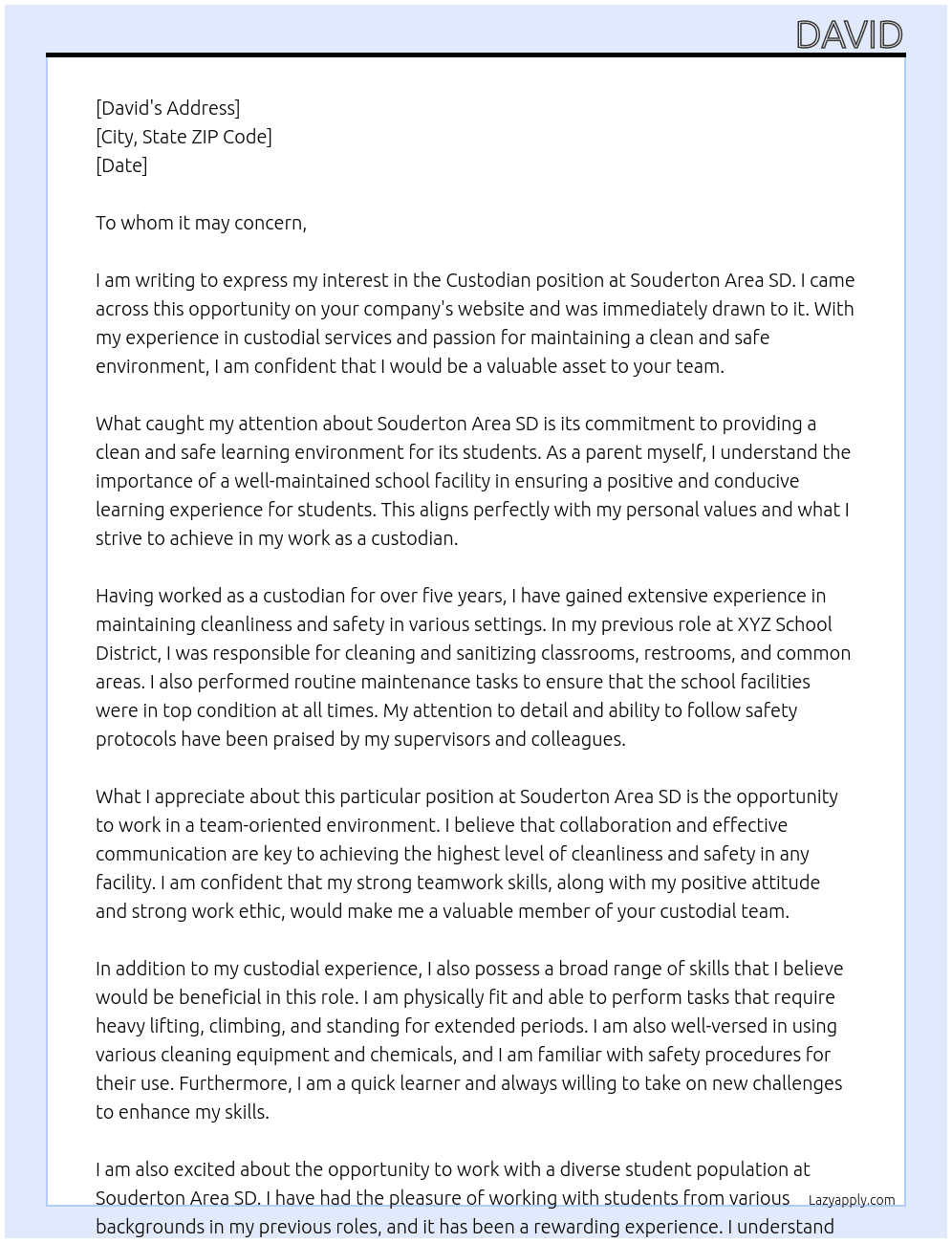 Custodian At Souderton Area SD Cover Letter