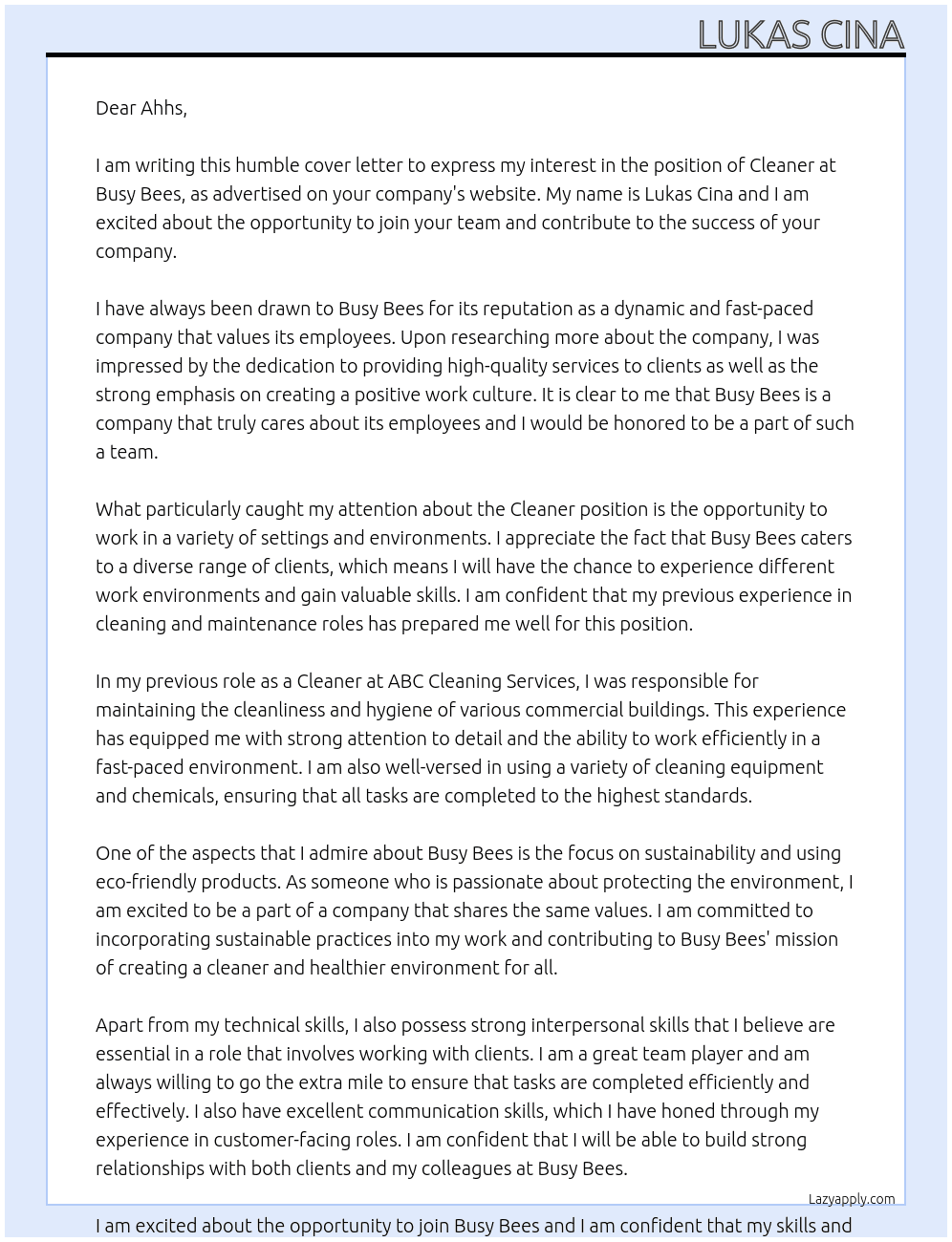 Cleaner At Busy Bees Cover Letter